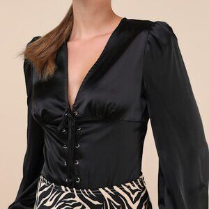 Lulus Unique Composure Black Satin Balloon Sleeve Lace-up Bodysuit - Size XS